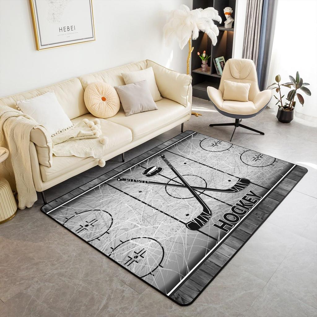 Eishockey Bereichsteppich Zuhause Plüsch Rutschfest Eishockey Sport Teppich für Wohnzimmer Schlafzimmer Spielzimmer Dekor Eishockeyspieler Fußmatte