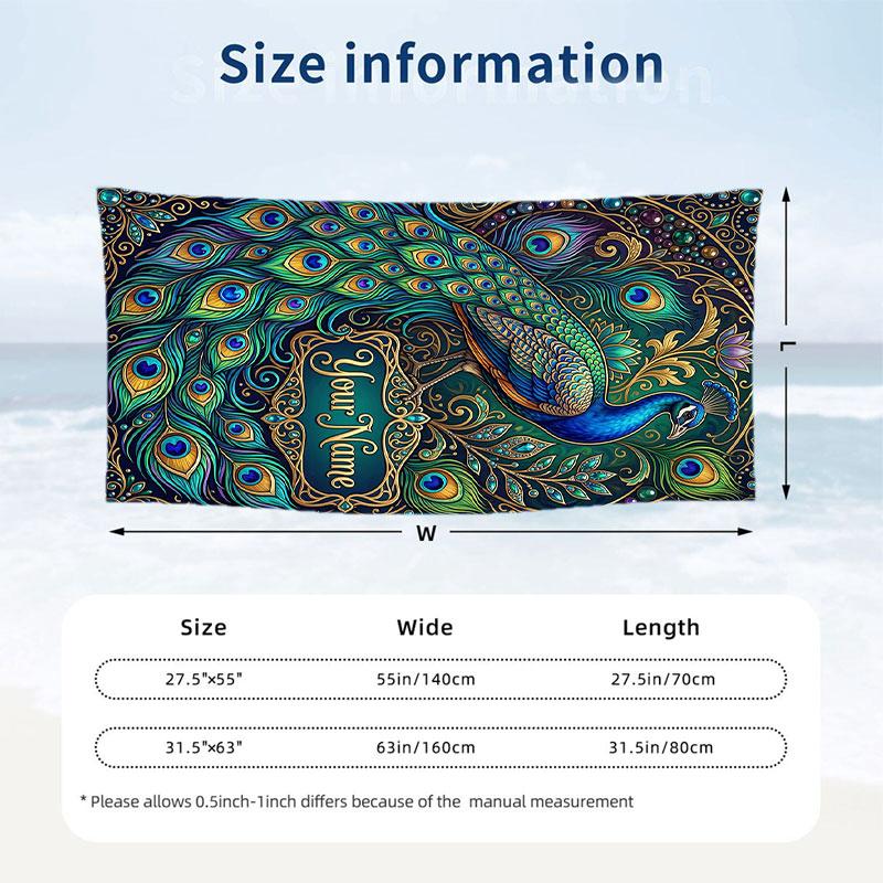Peacock Art Nouveau 1 Theme Quick Dry Beach Towel Custom Name Text Print Large Sand Resistant Towel Beach Vacation