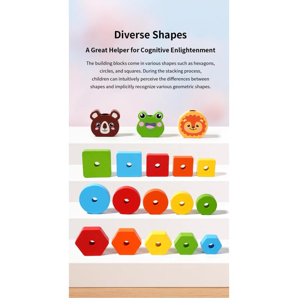 Wooden Rainbow Animal Stacker Gift Fine Motor Skill Sorting & Stacking Toys Geometric Stacker for Boys and Girls Baby Toddlers