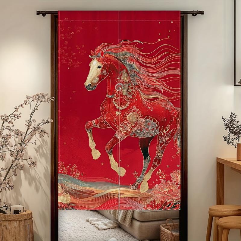 VIKAMA Torii Gate Curtain, Suitable For Kitchens, Decorated With Lunar New Year Red Horse Motif, Room Decor