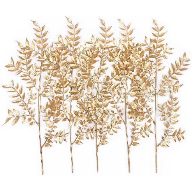 PASYOU Fake Leaves Plants for Christmas Decor, Gold Artificial Shrubs Grass Foliage Plastic Bulk Leaf Indoor Outdoor Home Garden Party Hotel Verandah