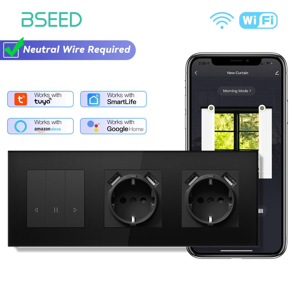 BSEED Smart Curtain Switch Series Wall WIFI Click Switches Yellow Backlight Glass Frame Tuya APP Switch EU Wall Sockets with USB