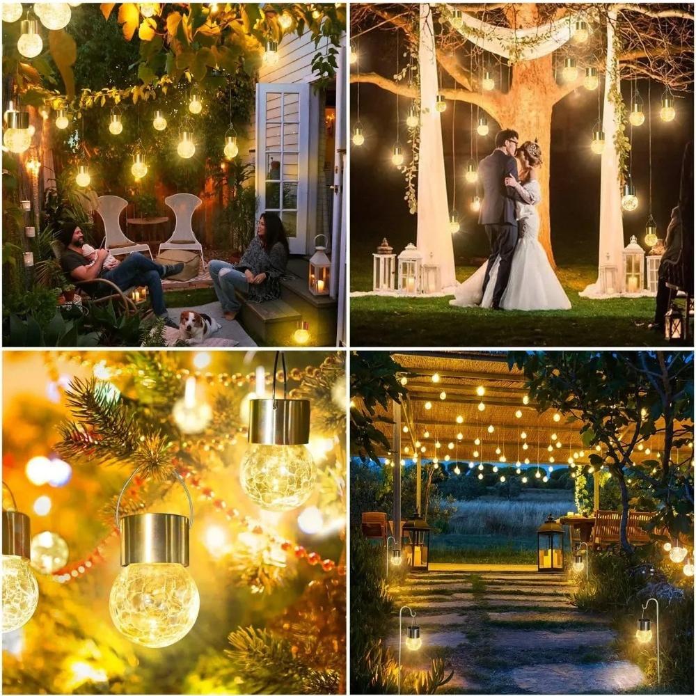 12Pcs Solar Powered Outdoor Hanging Lights Colorful LED Cracked Glass Ball Design Waterproof Pathway Lantern for Garden Decor