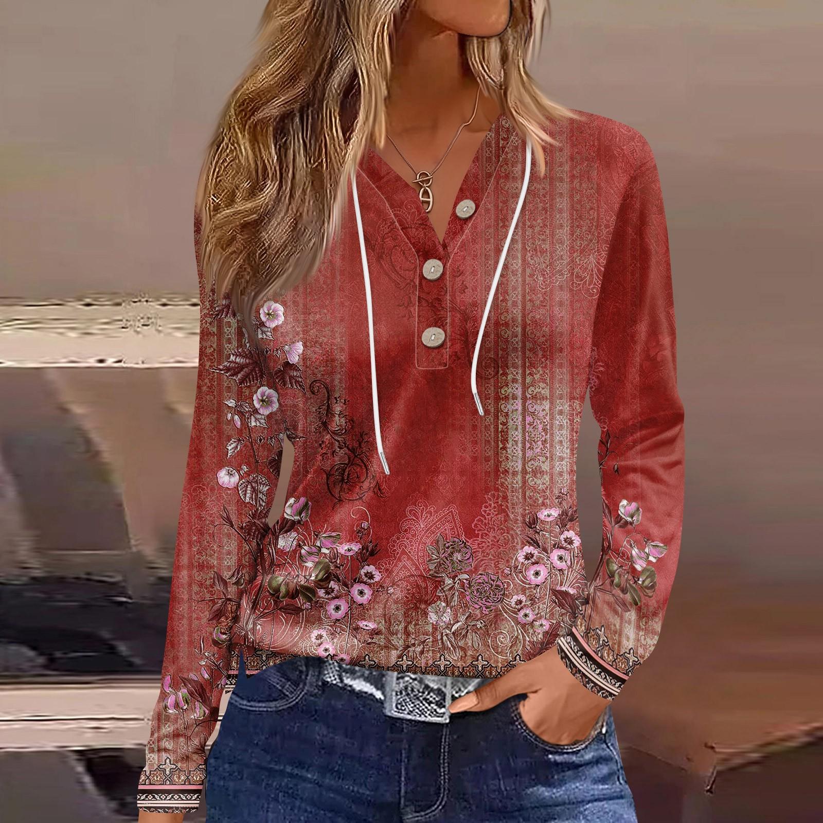 

Жіноча футболка з довгим рукавом і квітковим принтом на ґудзиках, щоденна мода на вихідні, звичайний топ із V-подібним вирізом XL червоний