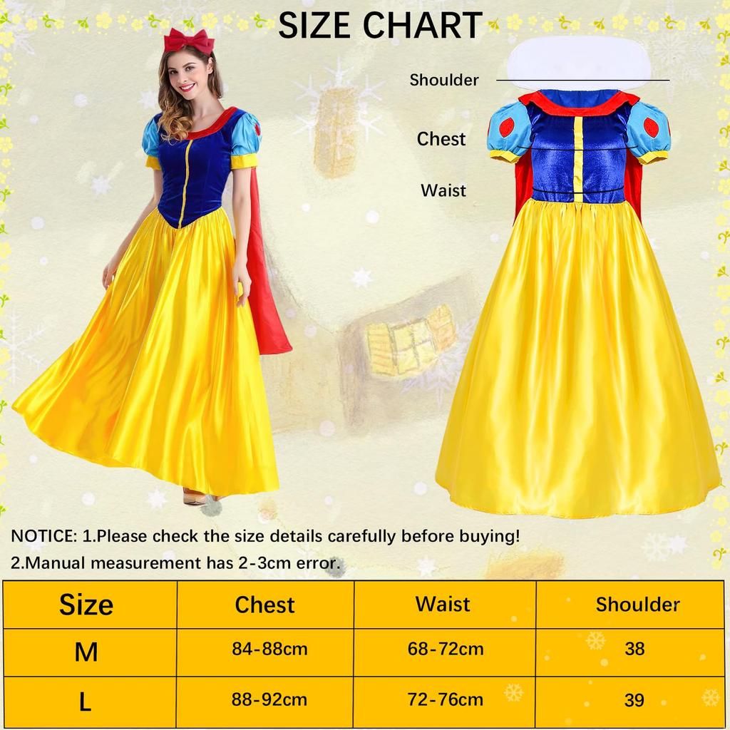 Snow White Dress, Cosplay, Girls' Dress, Adult Costume, Disney Princess Dress, Birthday Gift (Yellow, Adult Size M) [Used]
