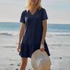 Women Short Sleeve V Neck Ruffle Hem Casual Loose Fit Mini Dress Soft Fabric Simple Style Summer Dress