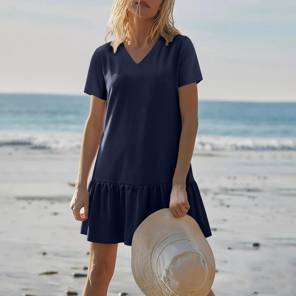 Women Short Sleeve V Neck Ruffle Hem Casual Loose Fit Mini Dress Soft Fabric Simple Style Summer Dress