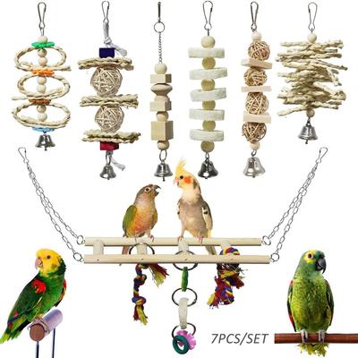 7Pcs Parrot Toys Natural Wood Chewing Toy Bird Cage Toys Hanging Swing Hammock Climbing Ladders Toys for Small Parakeets