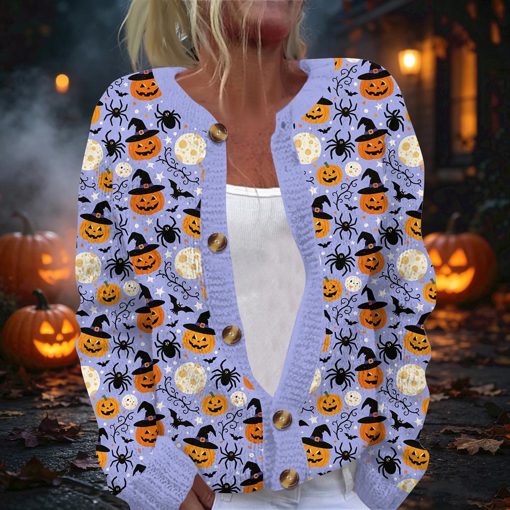 Women's Halloween Print Long Sleeve Knit Cardigan Button Front Sweater for Fall Outfits