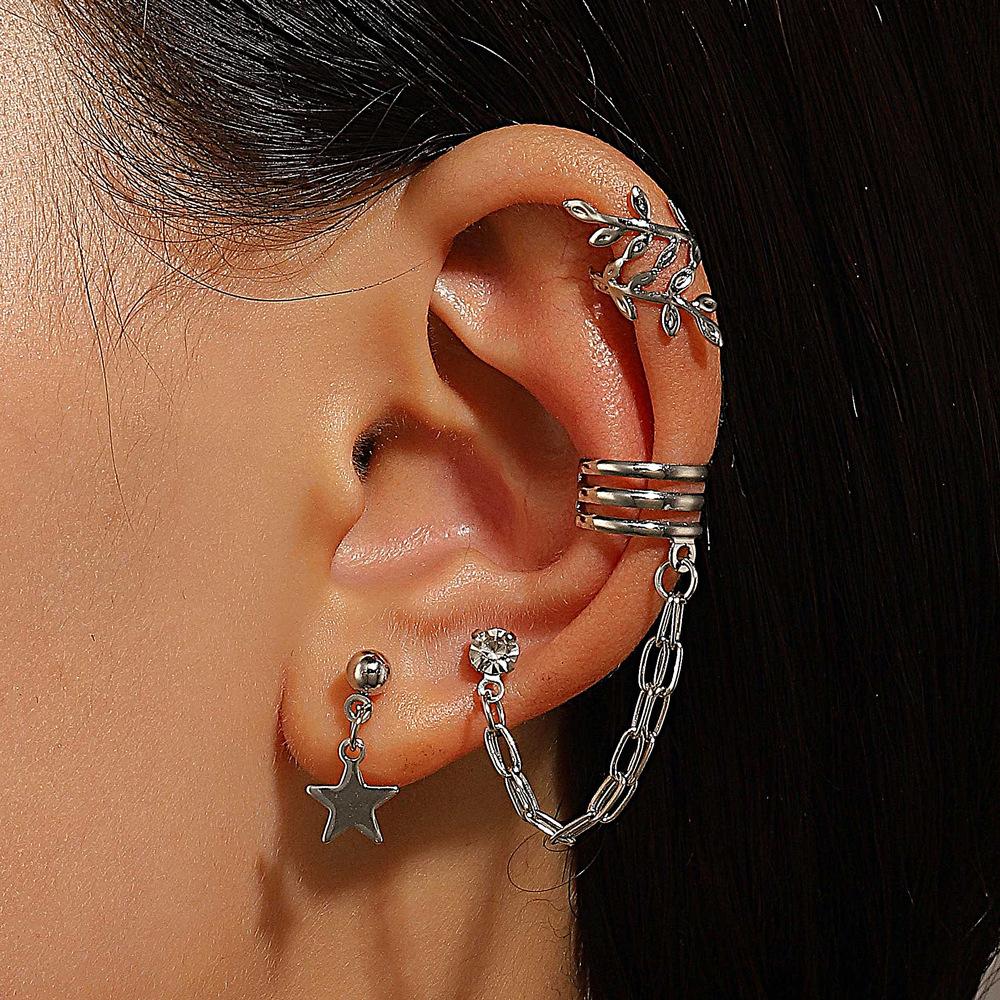 

3Pcs Punk Metal Leaves Clip Ear Women Chain Three Layer Non-Piercing Ear Clip Star Crystal Stud Earrings Set Daily Wear Jewelry