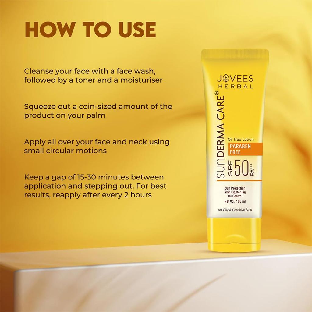 Jovees Herbal Sun Derma Care Lotion SPF 50 PA+++ Oil Free Lightweight Sunscreen For Oily Sensitive Skin With UVA UVB Broad Spectrum Protection 100ml