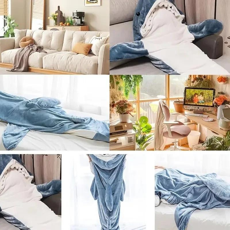 Wearable Shark Blankets Women Flannel Hoodie Blankets Cute Soft Shark Pajamas Warm Shawl Plaid Gown Comfy Bathrobe Homewear