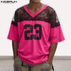 INCERUN Men Casual V Neck Short Sleeve Lace Sheer Patchwork Tops
