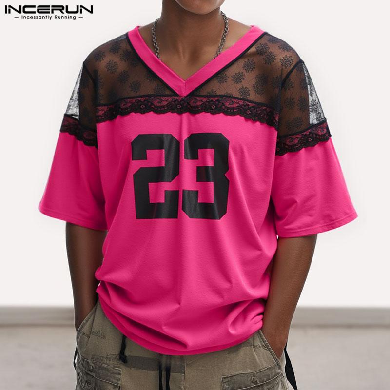 INCERUN Men Casual V Neck Short Sleeve Lace Sheer Patchwork Tops