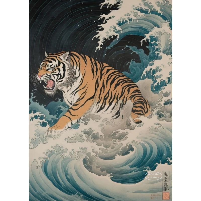Vintage Japan Landscape Tiger with Great Wave Crane Bird Frog Art Posters Canvas Painting Wall Prints Pictures Room Home Decor