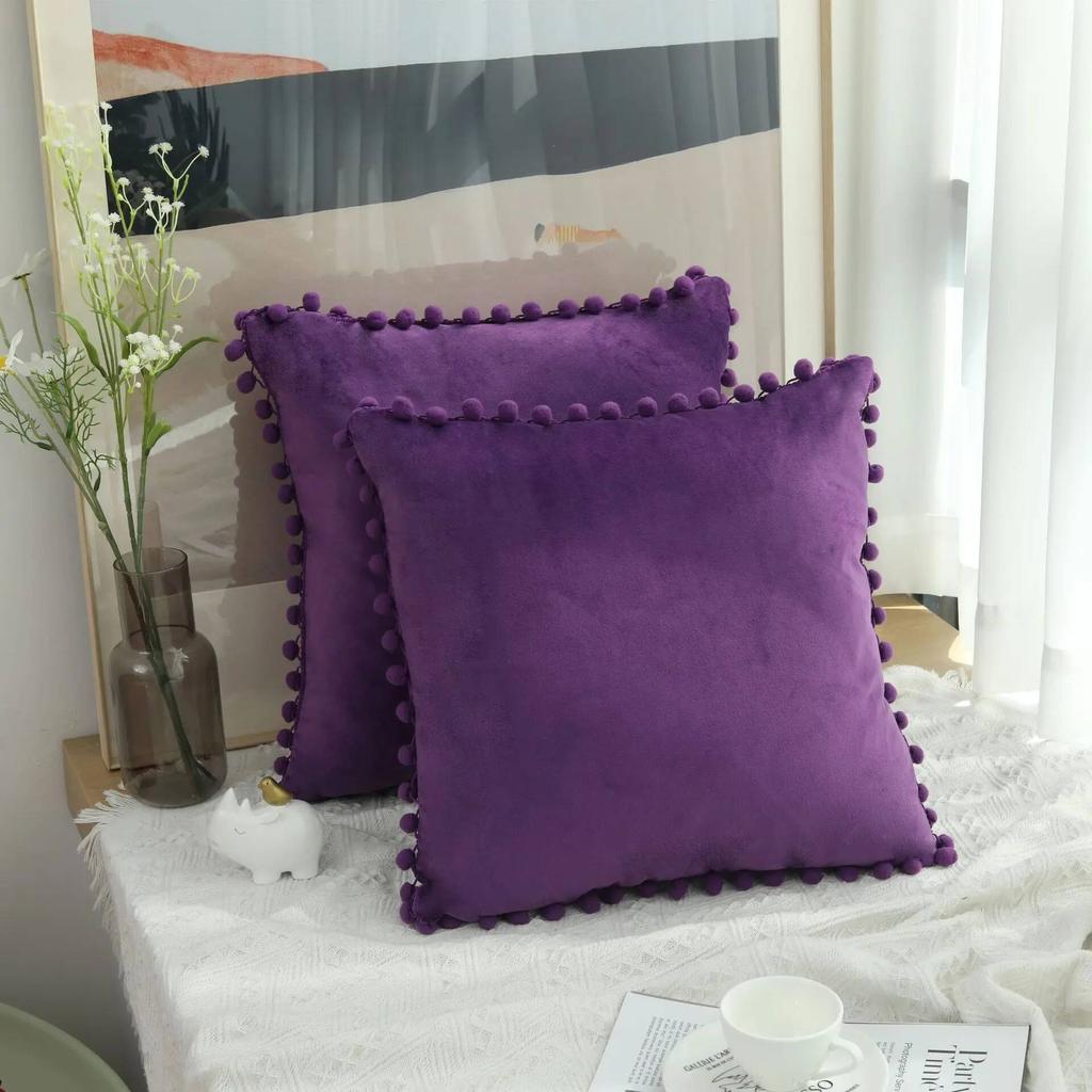 Velvet Pillow Cover with Ball Lace, Soft Cushion Cover, Monochrome, Modern and Simple, Fur Ball, 30x50, 40x40, 50x50, 65x65cm