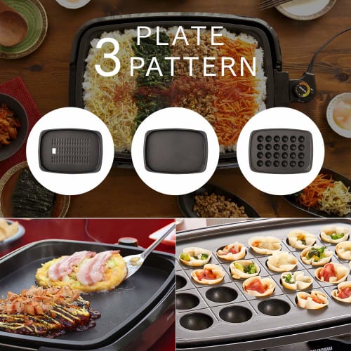Iris Ohyama Hot Plate, Smoke-resistant, Large Yakiniku Plate, Flat Plate, Takoyaki Plate, 3 Pieces, Smoke Reduction, with Lid, Black APA-137-B