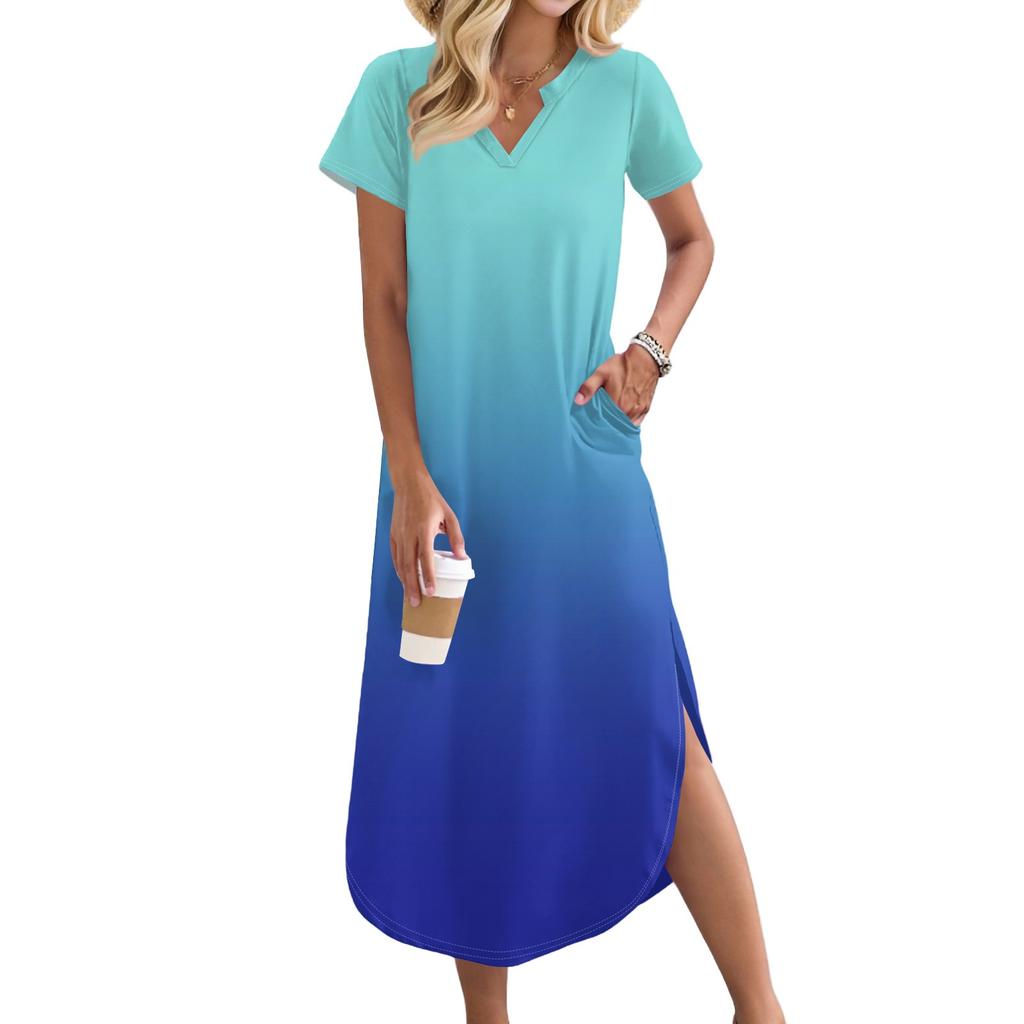 Women's Long Skirt Casual V-neck Long Shirt Dress Loose Slit Holiday Short Sleeve Dress