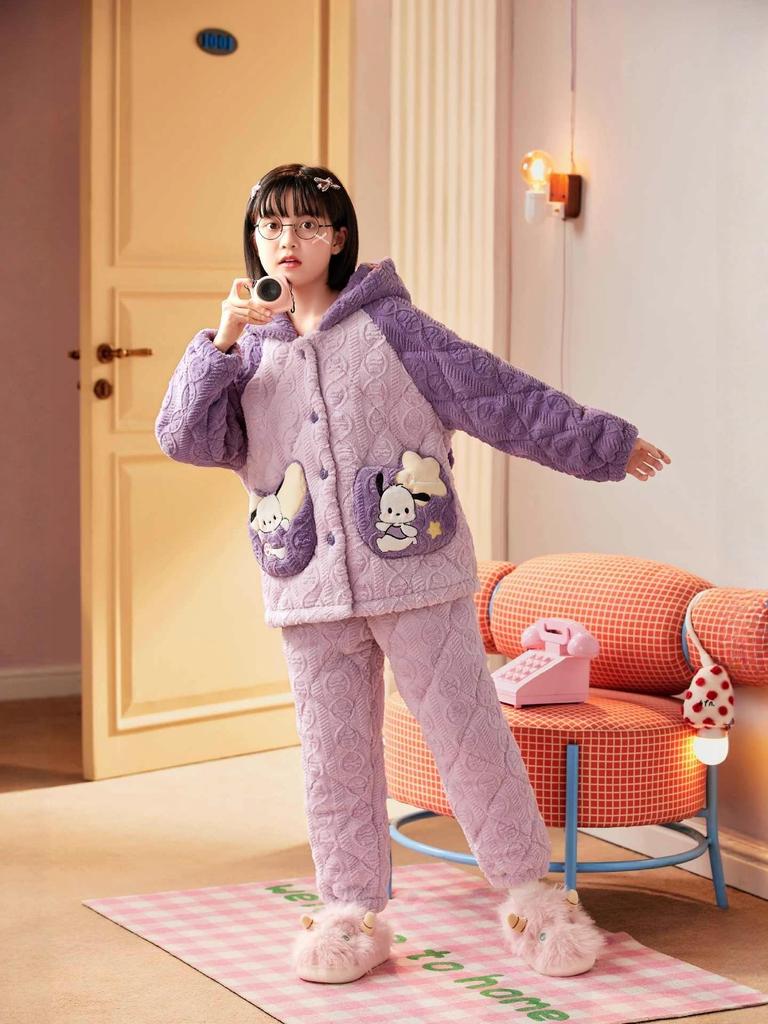 Girls' Kuromi Quilted Fleece Pajamas - Thick, Cute Autumn/Winter Home Wear (2025)
