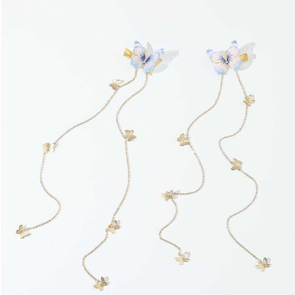 1Pair of Girls Retro Antique Gauze Butterfly Long Chain Grab Clip Hairpin Leisure Daily Travel Hairpin Headdress