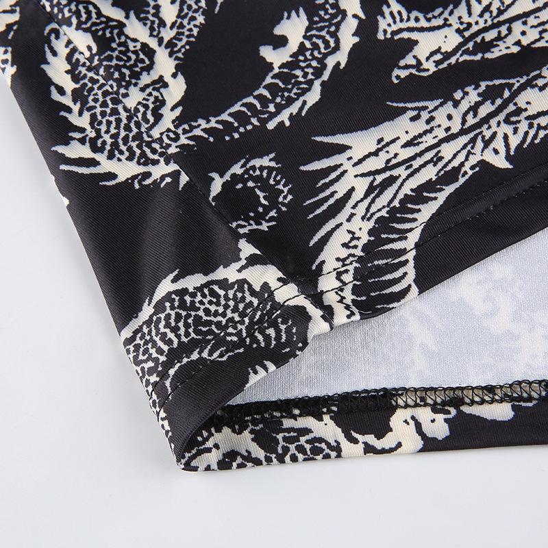 Trend w modzie damski stylowy nadruk ze smokiem krótkie bluzki z długim rękawem wysoki kołnierz wąski T-shirt obcisłe koszulki na wiosnę jesień