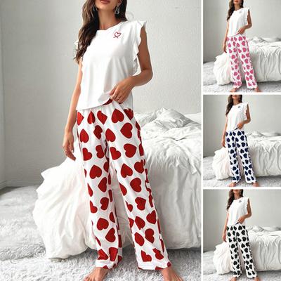 Women's Satin Pajamas Set Ruffle Trim Tank Top And Wide Leg Pants