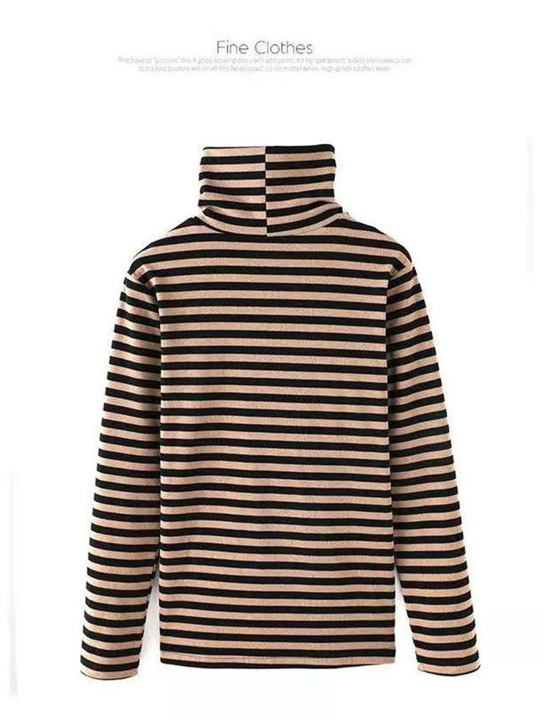 2024 Damen Übergröße Gestreiftes Samt-Oberteil mit hohem Kragen und langen Ärmeln für Herbst & Winter