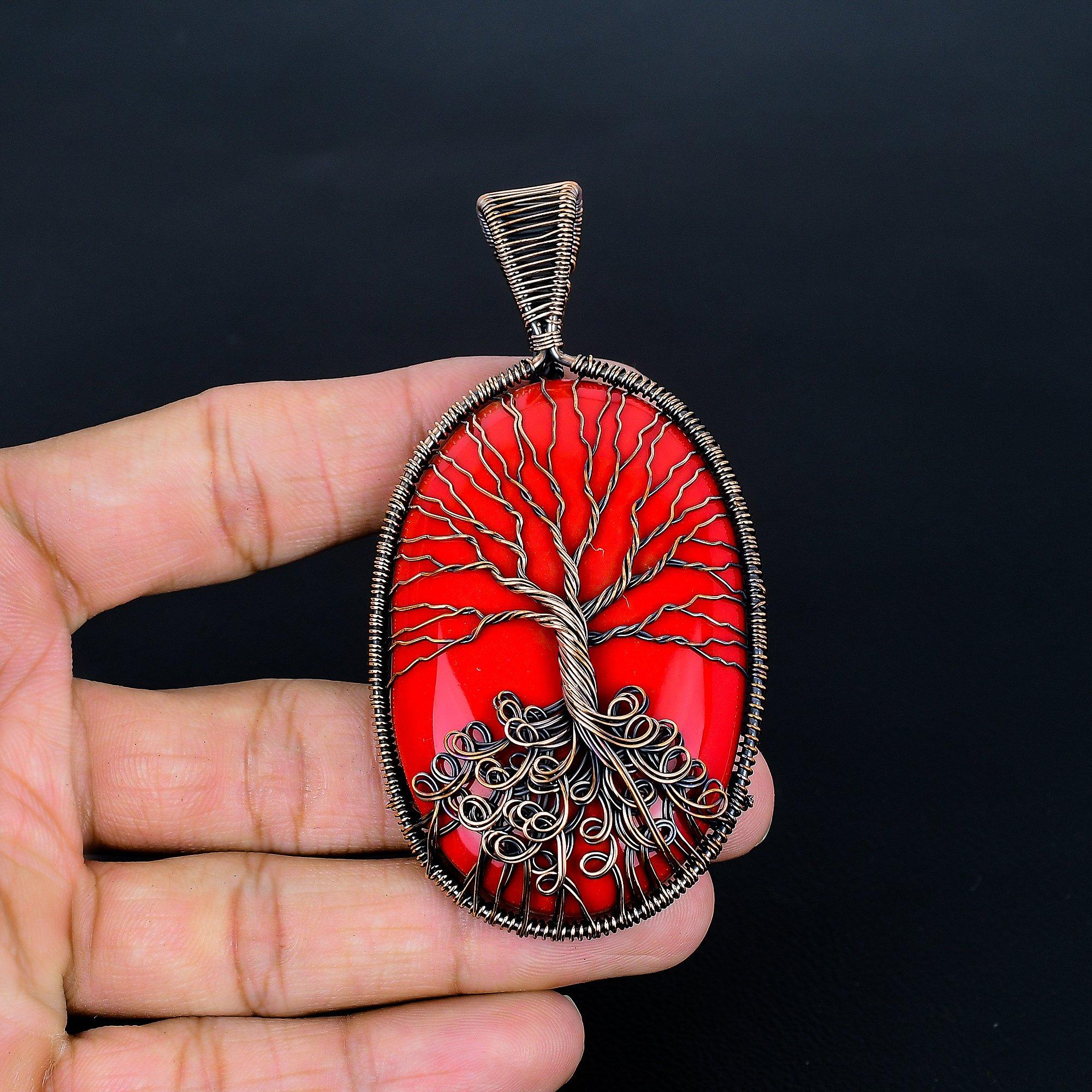 

Подвеска из красного коралла ручной работы, обмотка медной проволокой 999 пробы, антикварное украшение, для подарка на помолвку 3.54 Inches красный