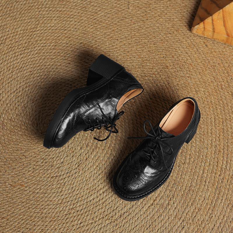 Krazing Pot Sheepskin Autumn Winter Shoes Lace Up Chunky Heels Oxford Shoes Size 43 Round Toe Deep Mouth Pumps