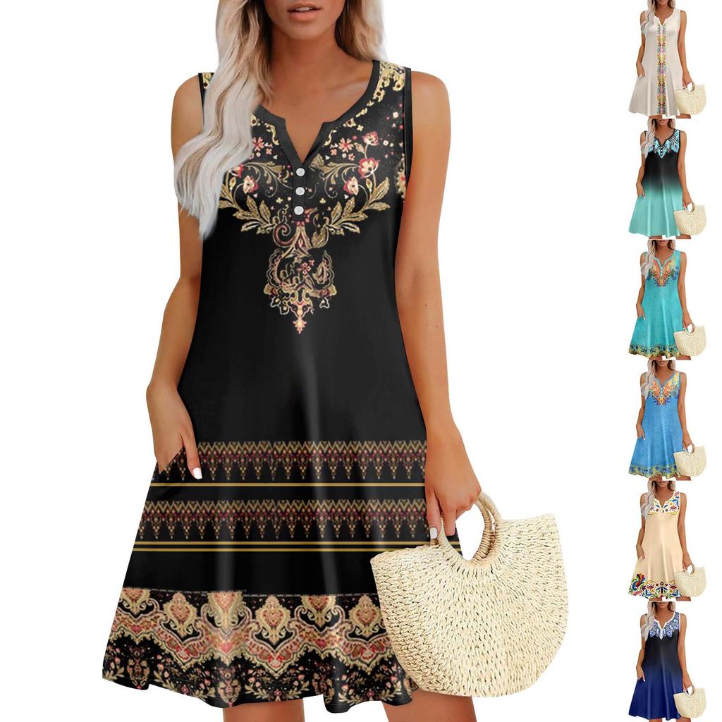 Womens Summer Dresses Loose V Neck Sleeveless Sundresses Dress With Pockets