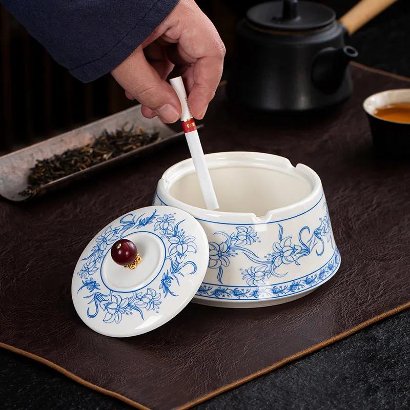 Ceramic Ashtray, Covered Anti Fly Ash Ashtray, Portable Desktop Ashtray, Chinese Style Ashtrays, Home Decoration Sugar Box