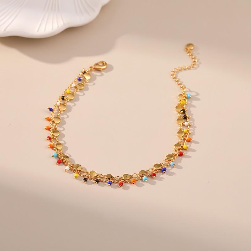 Bohemian Double Layer 18k Gold Plated Color Small Beads Ethnic Style Women Foot Anklet