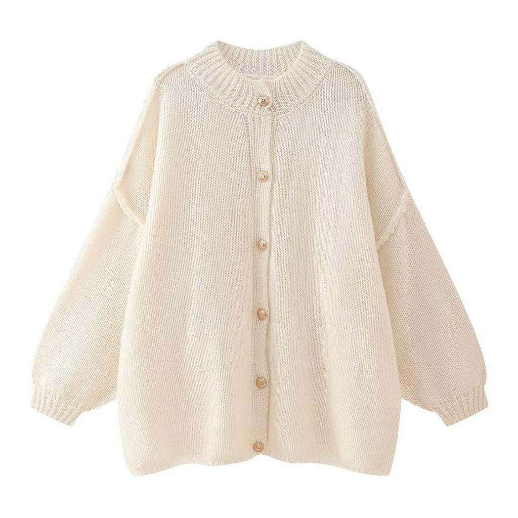 Chic European & American Style Women's Loose Round Neck Cardigan with Metal Buttons