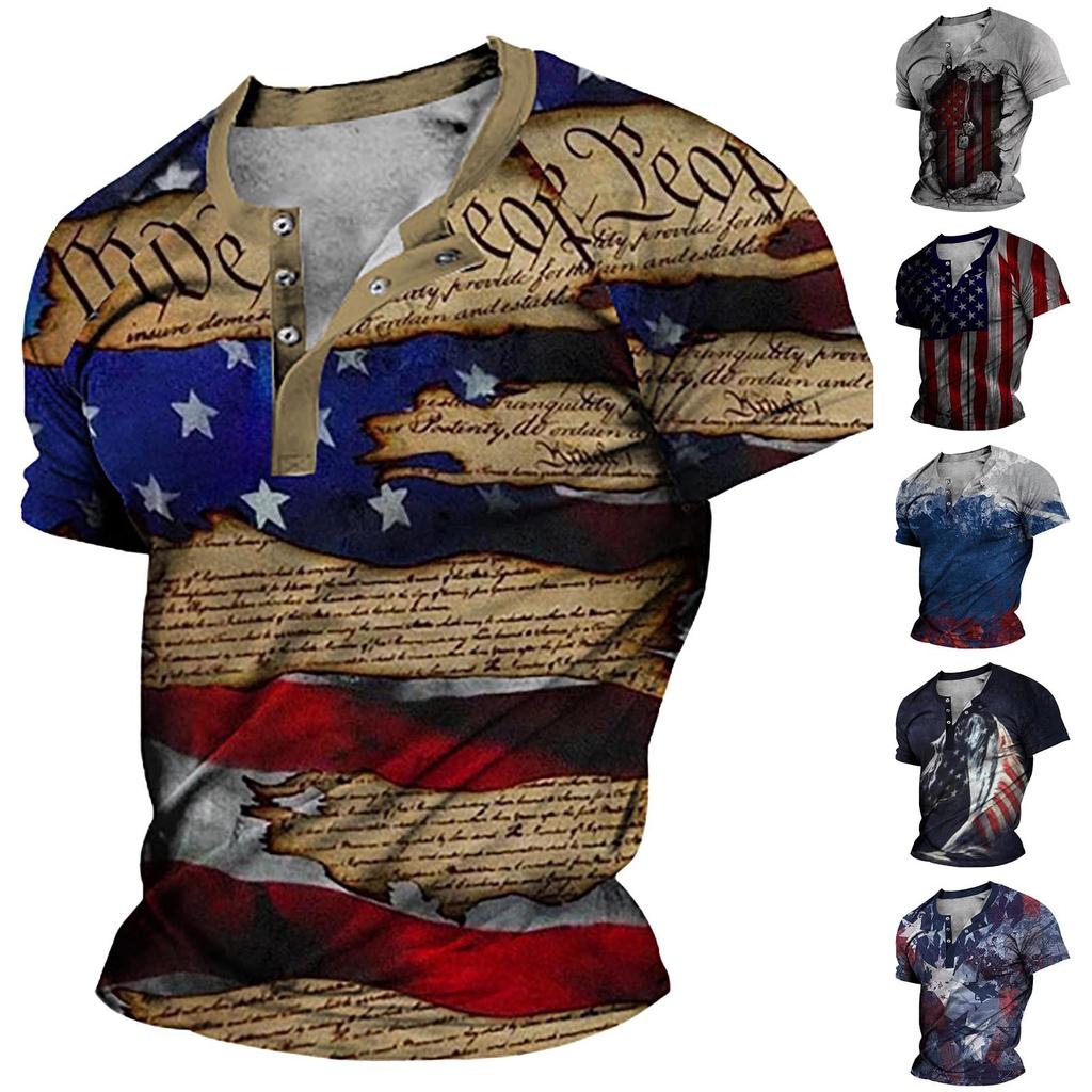 Men's Retro Print Stand Collar Three-button Neck Commemorative Short-sleeved Shirt Top