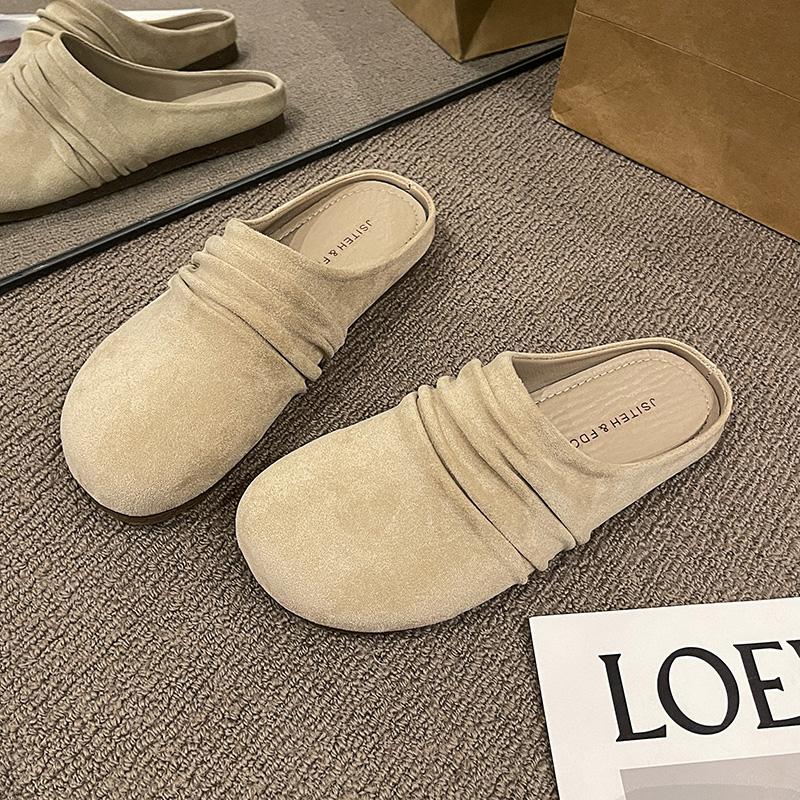 

Модные плиссированные шлепанцы Aphixta конфетных цветов на плоской подошве для женщин, с круглым носком, на низком каблуке, замшевые слипоны, полуслайдеры, весенне-летняя женская обувь 35 бежевый