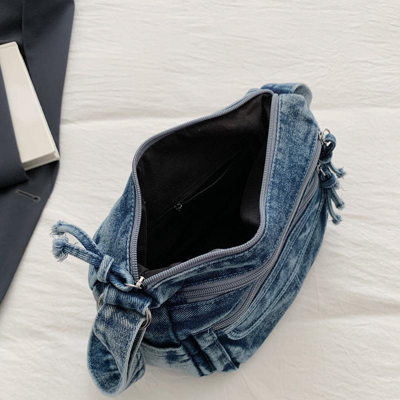 Retro Crossbody Washed Denim Multi-Zipper Small Commuter Bag