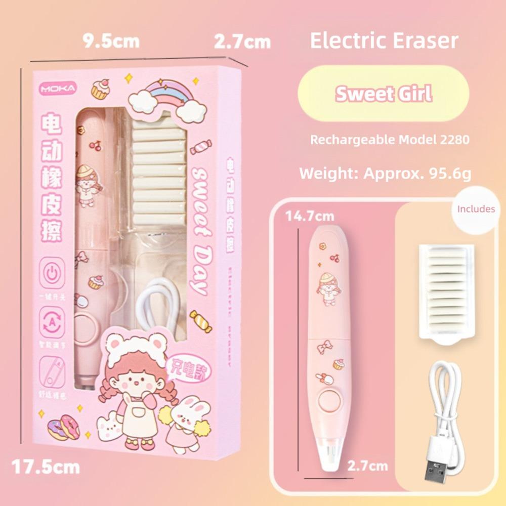 Cartoon Design Electric Eraser Set Battery Powered with Replaceable Core Pencil Eraser No Debris Eraser Students Use