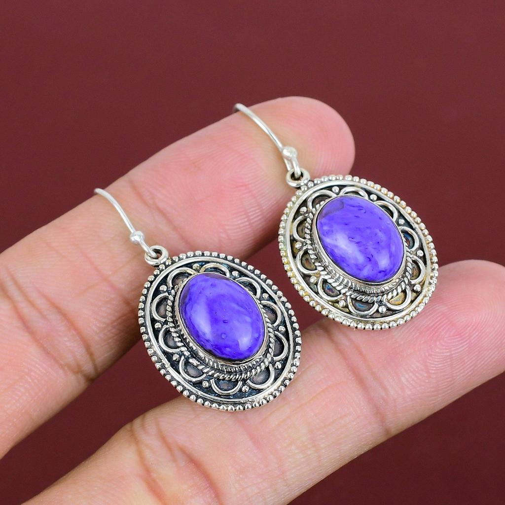 Charoite Earring Natural Gemstone Earrings Vintage Earring Latest Design Jewelry 925 Sterling Silver Earring Handmade Earring Gifts For Wife