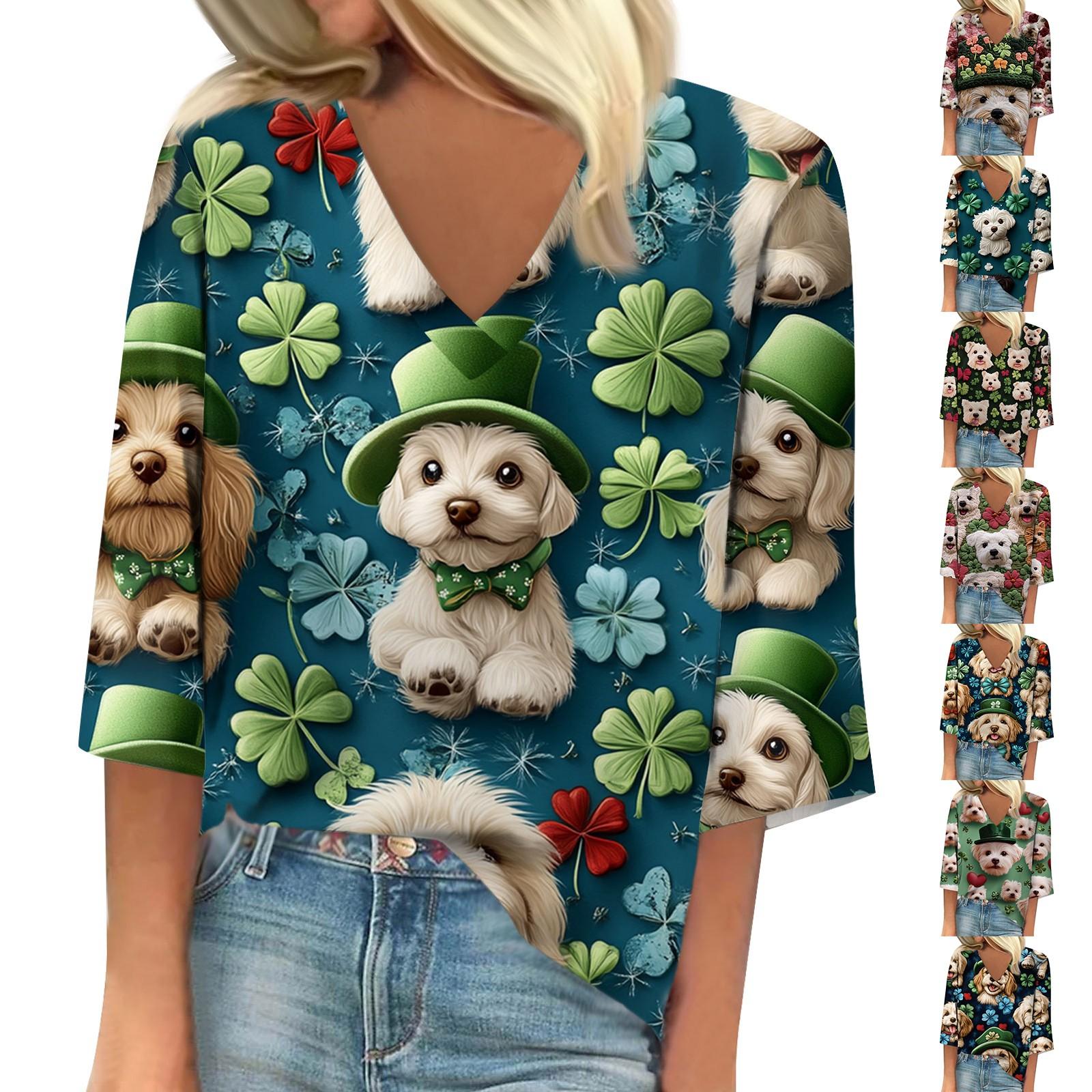 

Женская свободная футболка с рукавами семь и V-образным вырезом St. Повседневный топ с принтом ко Дню Святого Патрика M зелёный