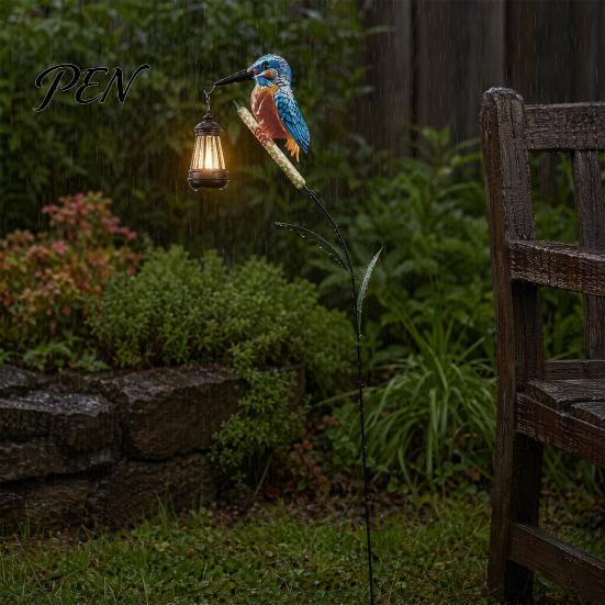 Solar Garden Lights Kingfisher Stake Light, Metal Bird Yard Art with Hanging Lantern, Auto-On Powered Outdoor Decor LED Waterproof Patio Decoration