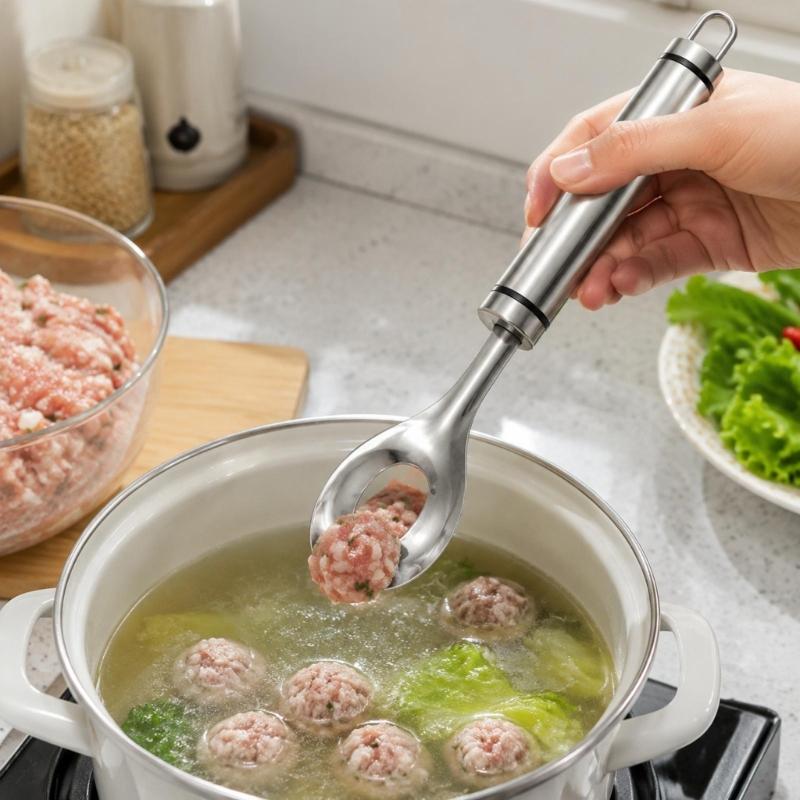 Manual Meatball Maker Set with Spoon, 304 Stainless Steel Squeeze Tool for Round, Consistent Food Balls From Meat, Fish, and Potato Mixtures During
