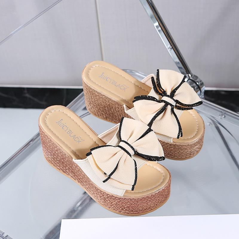 Fashion 2025 Women's High-heeled Slippers Slope Heel Bow Summer Slippers Comfortable and Elegant Thick-soled Women's Shoes Large Size