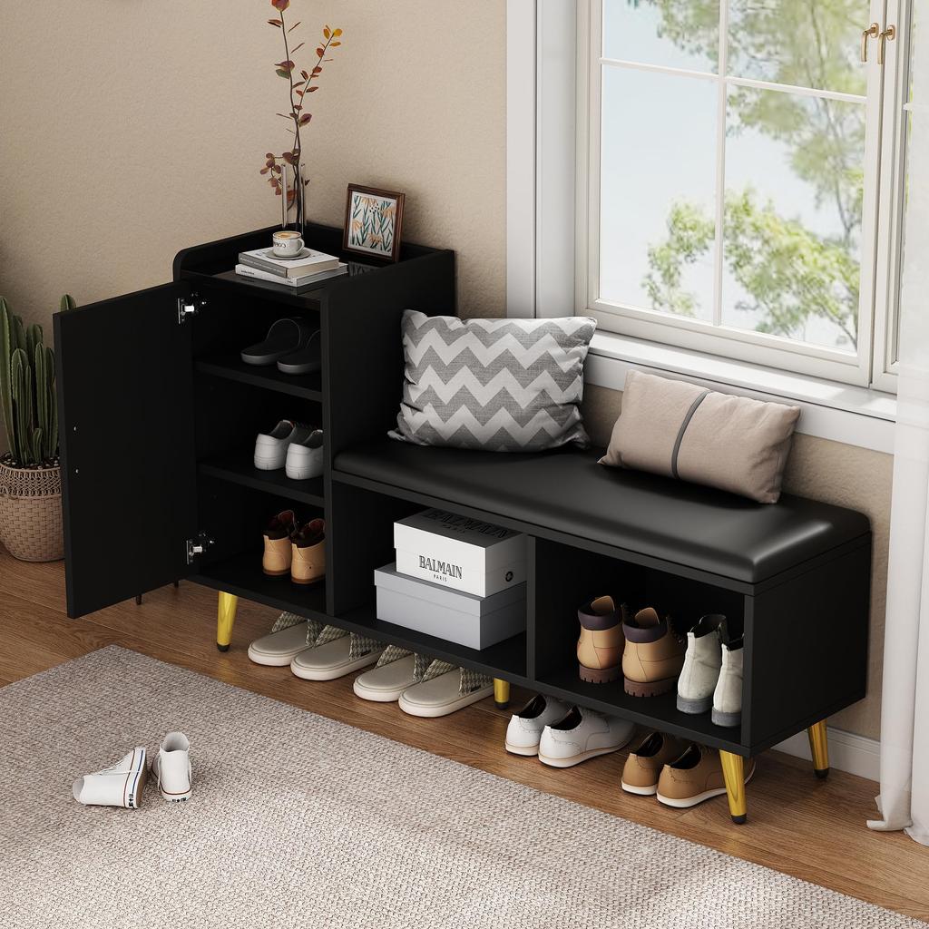 Schuhbank Schwarz Hochglanz Sitzbank Stauraum, gepolstert, 1 Schranktür, 2 offene Fächer, Schuhregal Flur, Eingang, Wohnzimmer, bis 100 kg