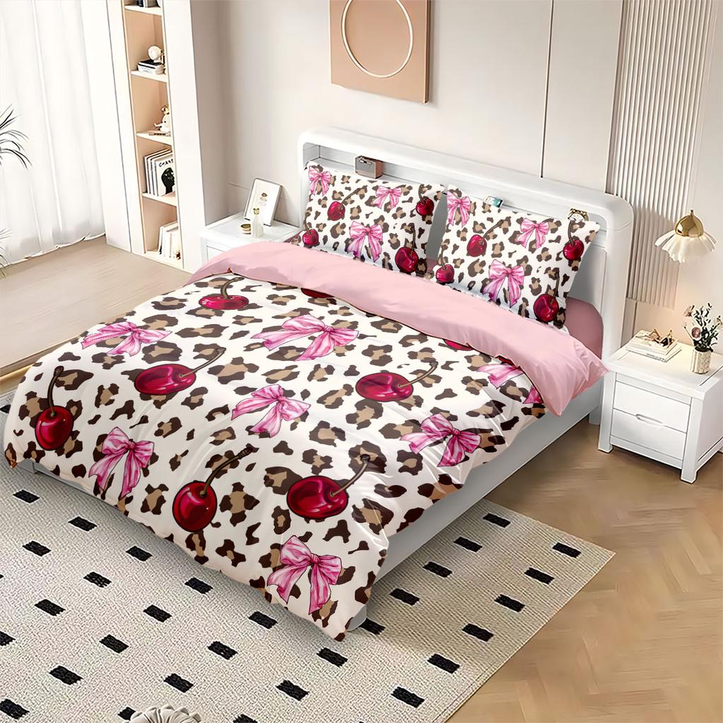 3Pcs Leopard Print Cherry Bow Printed Coreless Duvet Cover Set Multi Size Bedroom Bedding Decoration Machine Washable