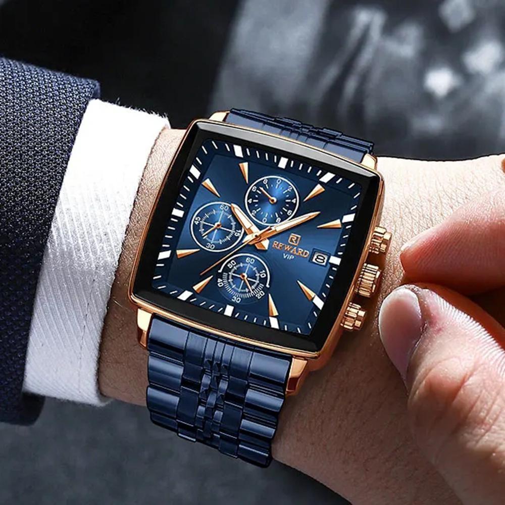 Fashion Square Quartz Watch Men's Luxury Steel Strip Business Date Chronograph Watches