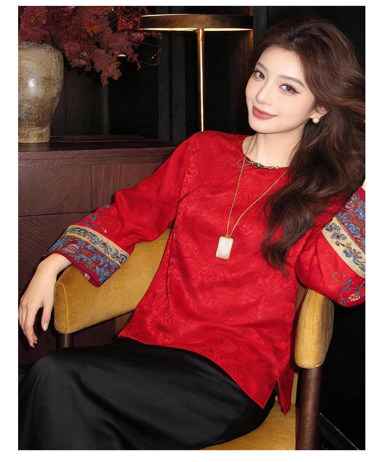 Rong Tai Women's 2026 Spring Frog Button Silk Jacquard Long Sleeve Shirt - Slimming Chinese Style Top