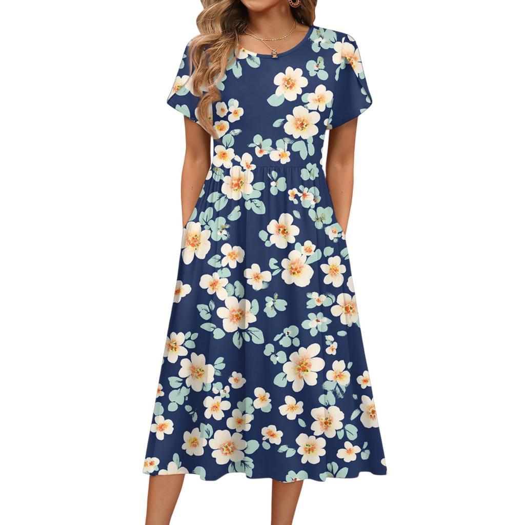 Damenmode Sommer Rundhals Kurzarm Blumendruck Strandkleider