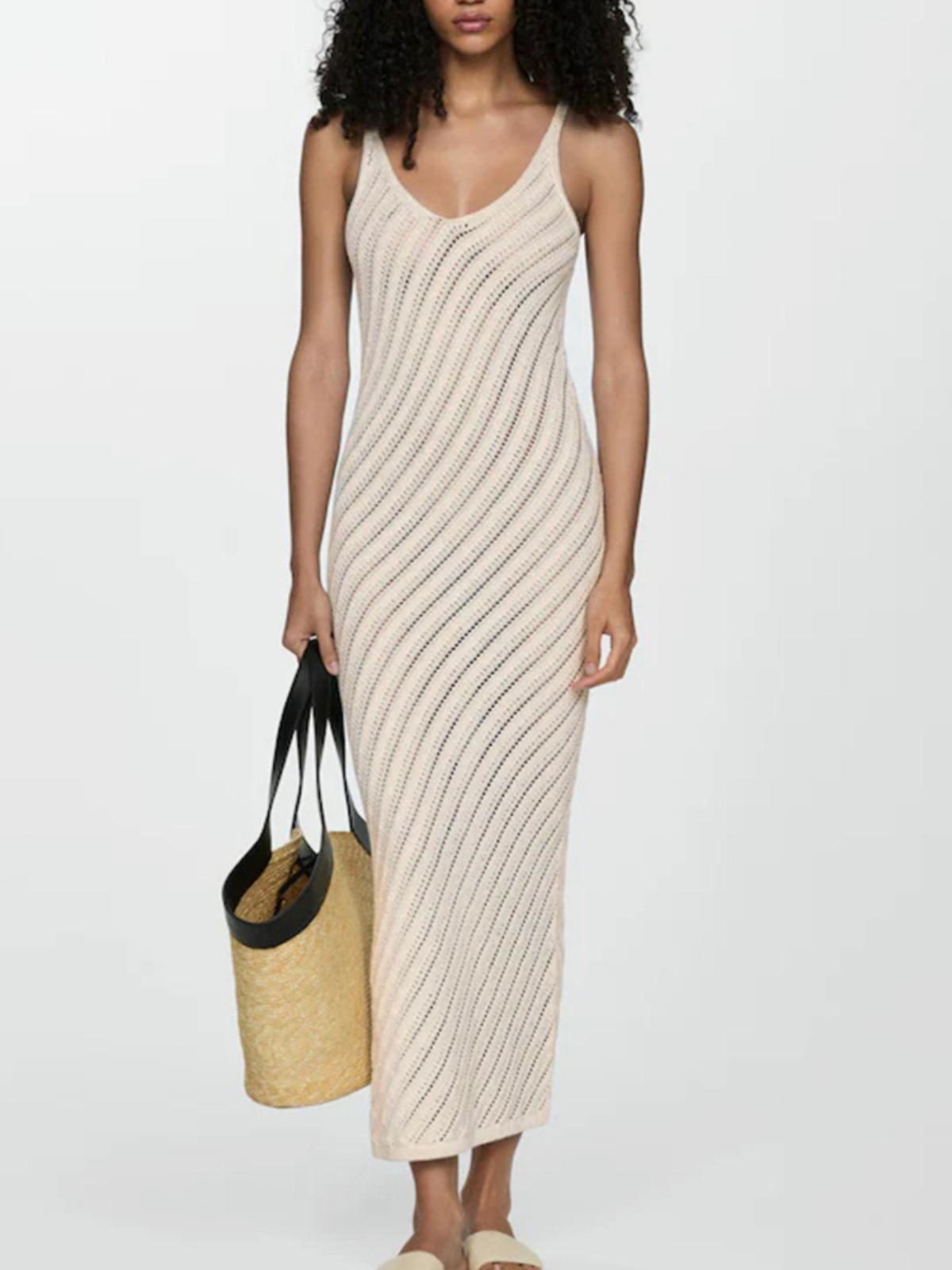 

Sexy knitted white hollow oblique striped sling deep V-neck dress 2025 female summer slim beach vacation K137 L античний білий колір