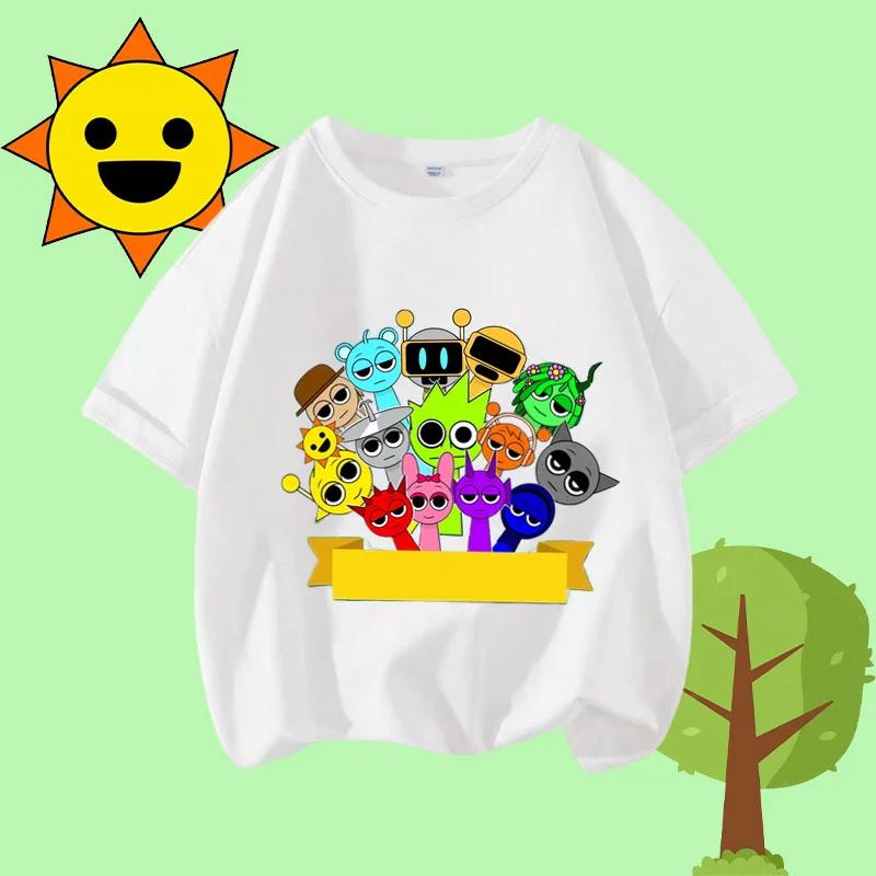 Cartoon Sprunki Character Printed Kids T-shirt Pure Cotton Short-sleeved White Top Cartoon Children's Clothing for Boys