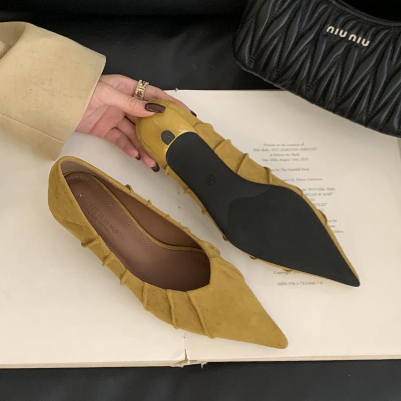 Fashion SUOJIALUN Autumn New Brand Women Pumps Shoes Fashion Pleated Pointed Toe Shallow Slip On Boat Shoes Thin Low Heel Single Shoes